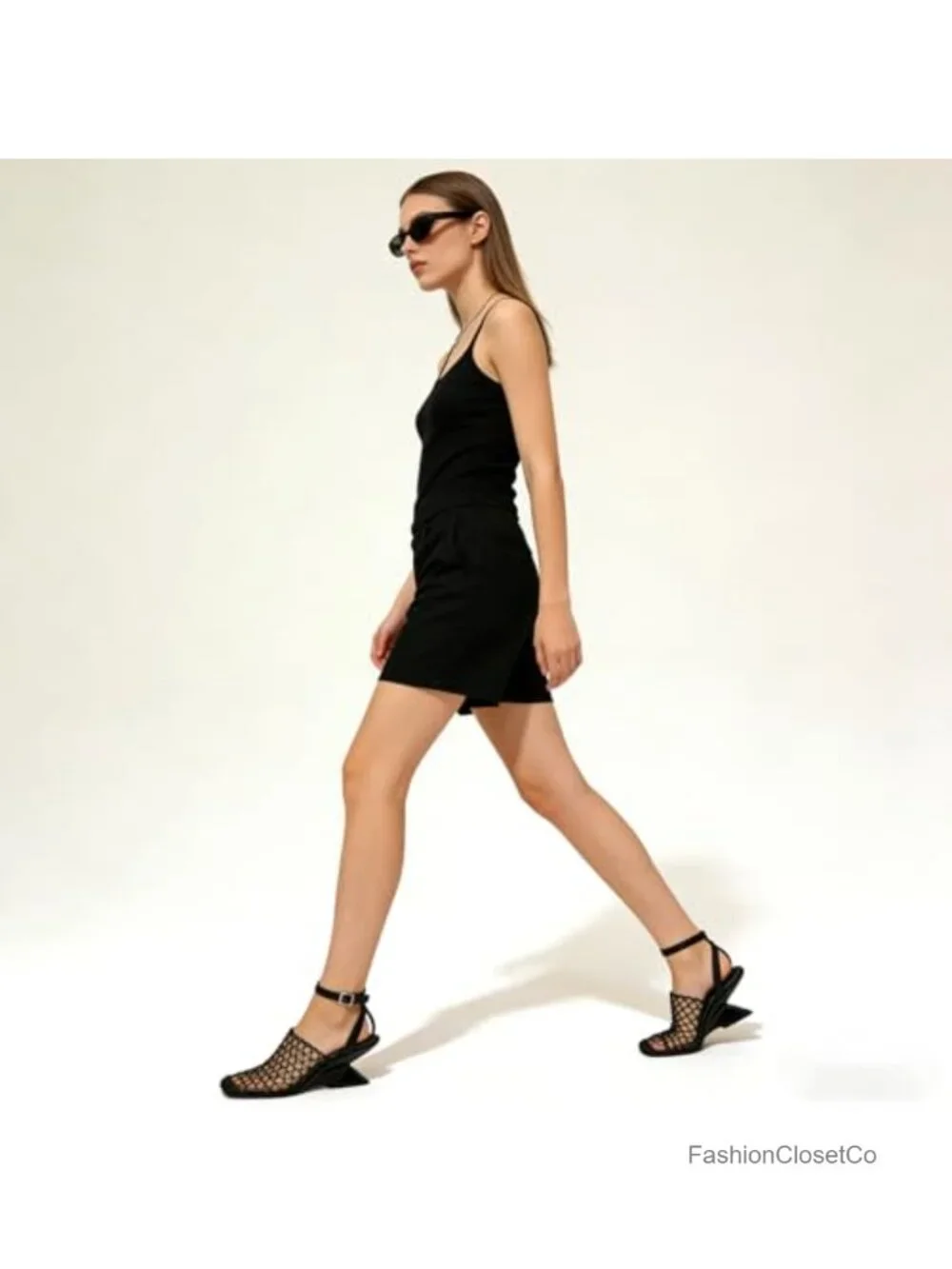 Fishnet Wedge Sandals Closed Square Toe Block Heel Breathable Mesh Slingback